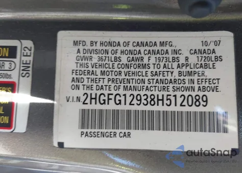 2008 Honda Civic Ex-L из США, поврежденный, VIN 2HGFG12938H512089